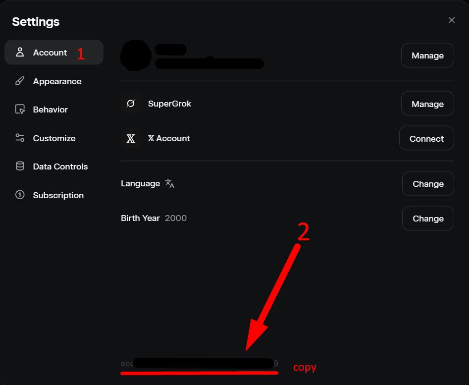 SuperGrok Settings — User ID at the bottom of the Account tab